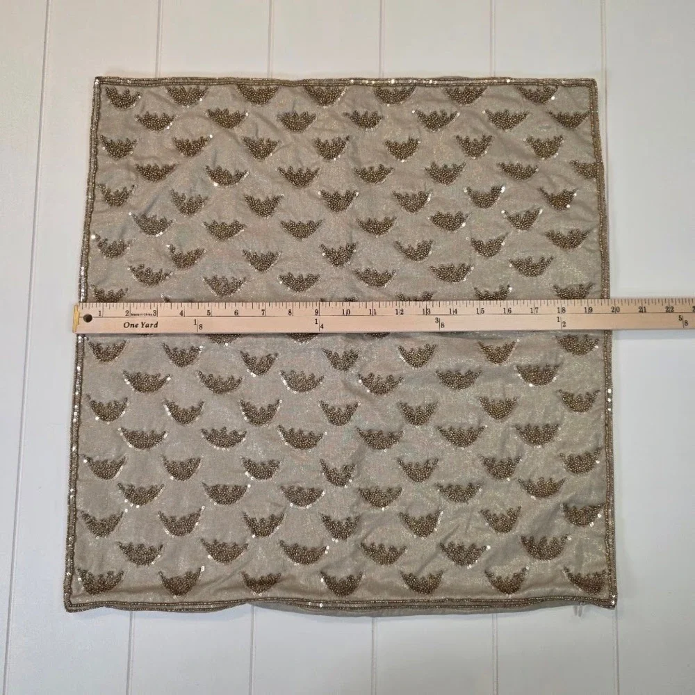 Pyar & Co Paula Queen 20x20 Pillow Cover Gold Beaded Linen Cotton Metallic